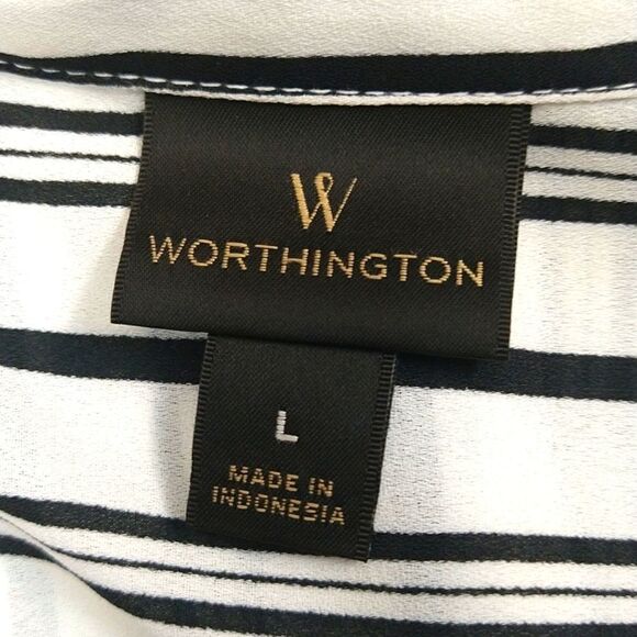 Worthington black/white striped sheer long sleeve button down women's top - Picture 6 of 7
